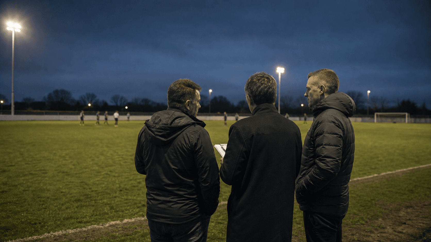 Three football analysts compare notes beside a pitch after an evening match.